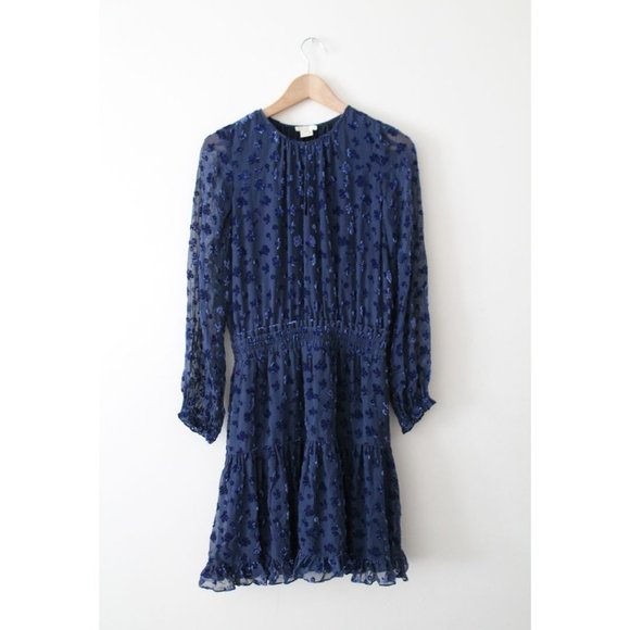 Shoshanna Levon Long-Sleeve Burnout Velvet Dress Navy Lapis Size 4 - Picture 4 of 8